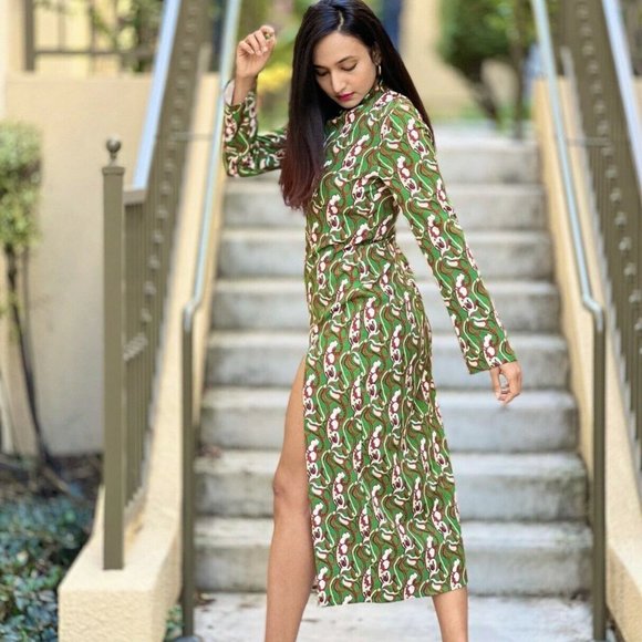 ZARA NWT Front Slit Printed Midi Dress Green - Picture 6 of 14